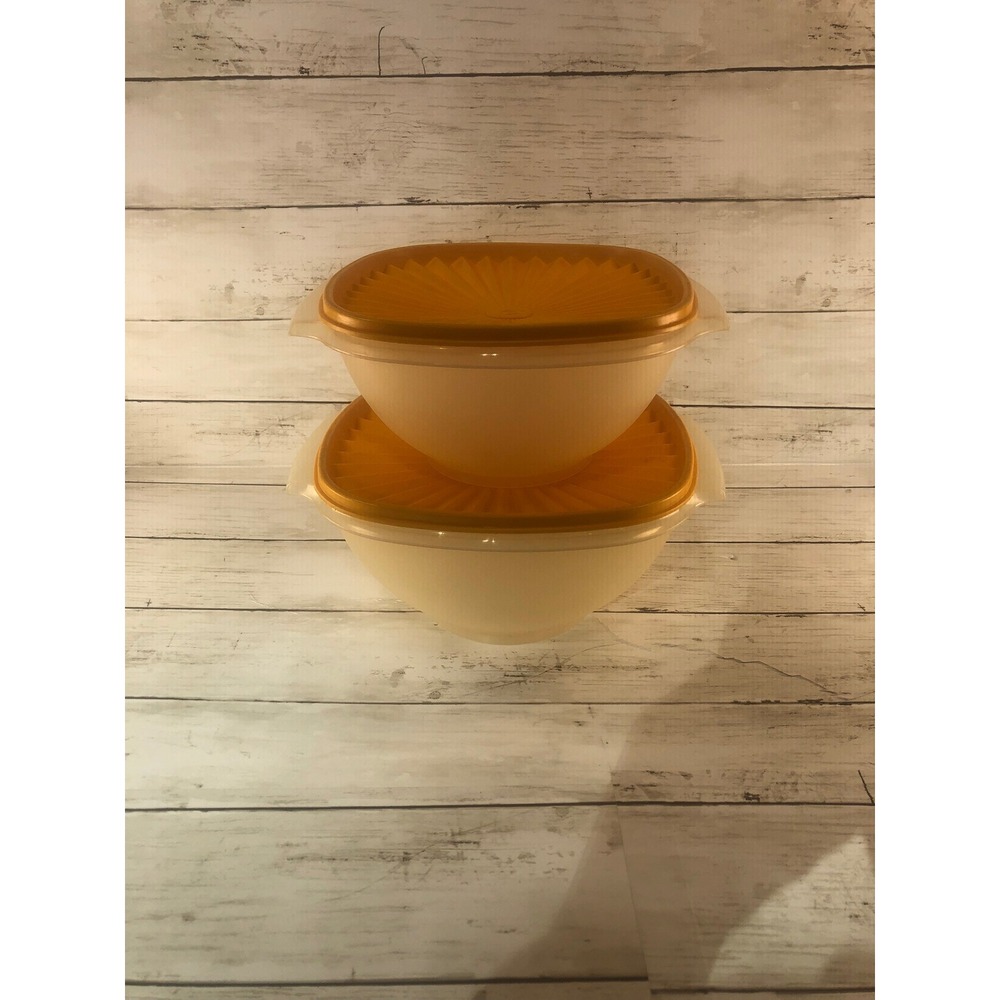 Vintage Tupperware Servalier Bowls Set of 2 Sheer Cream Mustard Yellow Sunburst